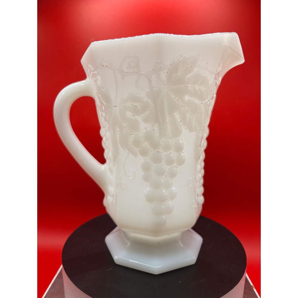 Vintage Milk Glass Harvest Grape Pitcher White Embossed Octagonal Base 7.5 Inch